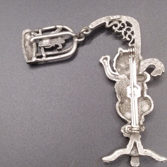 Vintage JJ Cat Birdcage Brooch Silver Tone Dangle Pin Jonette Jewelry Signed - Picture 2 of 3